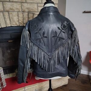Vintage Motorcycle Heavy R Leather Black Leather Jacket with Fringe XL
